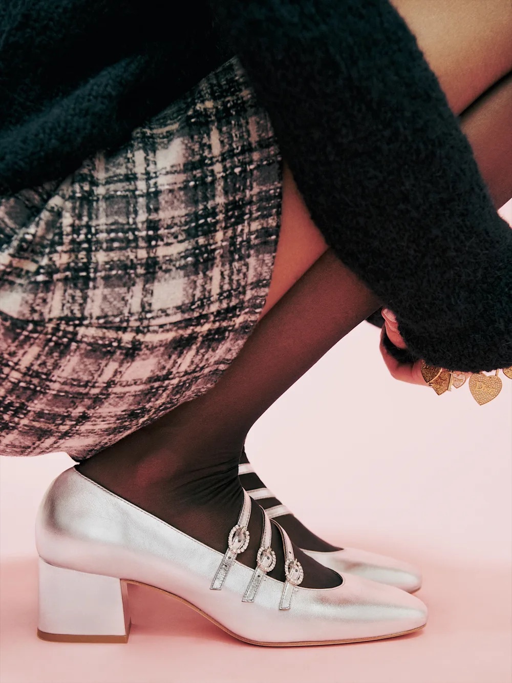 Reformation Mimi Silver Leather Mary Jane Block Heel Pumps